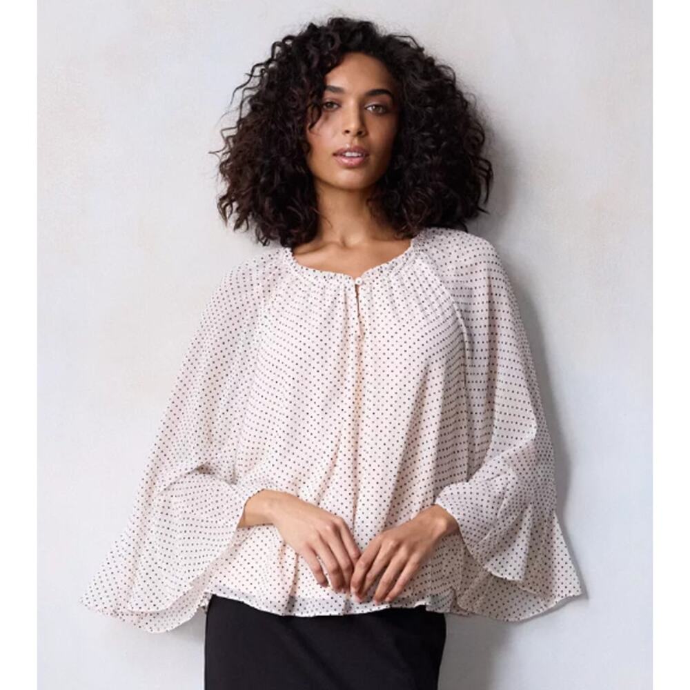 NEW LC Lauren Conrad Polka Dot Bell Sleeve Ruffle Blouse Small Peach Pink Top